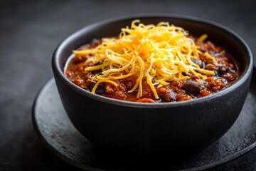 and keyword list for the image

 Hearty bowl of chili topped with shredded cheese, a classic comfort food recipe featuring ground beef, beans, and spices, served in a rustic dark bowl.