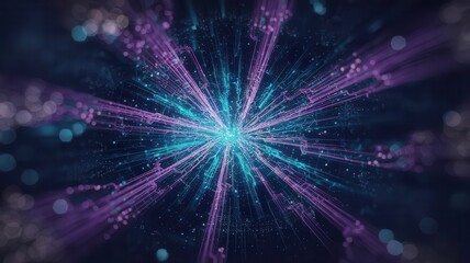 Obraz premium Abstract digital data visualization with radiating light beams and network