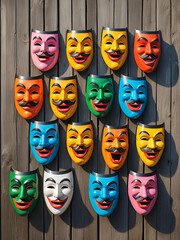 Colorful comedic masks with exaggerated facial expressions, resembling theatrical characters, hang on a vintage wooden