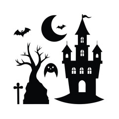 Halloween haunted house castle moon bat graphic set silhouette