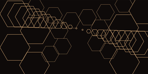 Black and yellow hexagonal technology vector abstract background. Yellow bright energy flashes under hexagon in modern technology futuristic background illustration. Dark gray honeycomb texture grid.