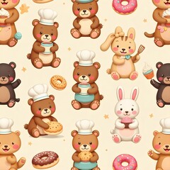 A repeating pattern featuring cute cartoon bears and bunnies baking with donuts and cupcakes.