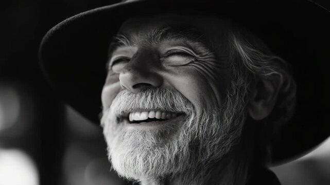 An elderly cowboy with a beard smiling and laughing.