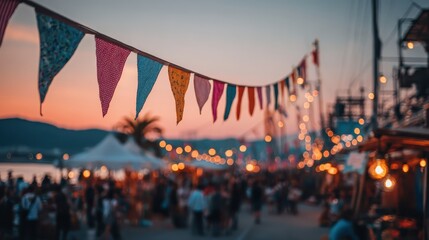 Obraz premium Festive market at sunset with colorful pennant flags in foreground. Great for promoting summer events or cheerful, celebratory occasions.
