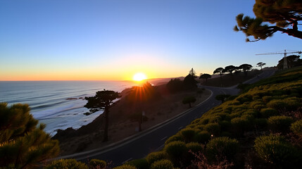 Scenic Coastal Drive Along Seventeen Mile Drive Surrounded by Trees and Ocean Views at Sunset