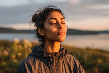 A woman deeply inhales fresh air, experiencing peace and tranquility in nature during golden hour