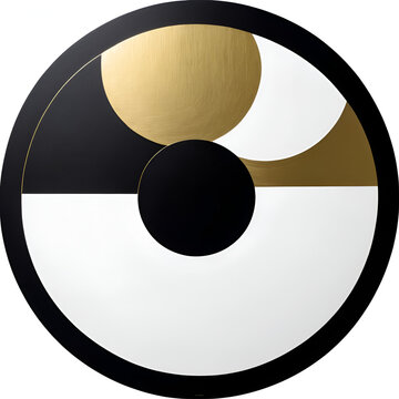 Abstract composition of a strange occurrence with a circular theme, in white and gold on black