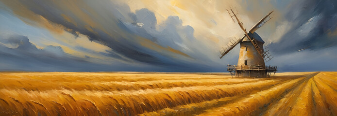 Golden Wheat Field with Windmill Under a Dramatic Sky Painting
