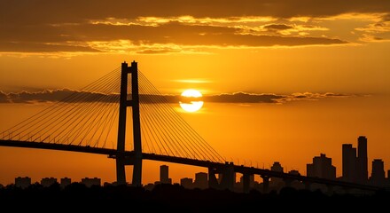 Urban Sunset Over Busy Highway Bridge