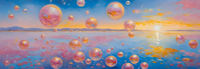 Floating Bubbles over Serene Sunset Lake - Impressionistic Painting