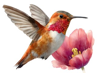 Fototapeta premium A vibrant hummingbird with red throat hovers near a bright pink flower in a watercolor illustration style.