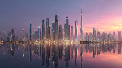 Spectacular Dubai Skyline Reflection at Dusk, United Arab Emirates