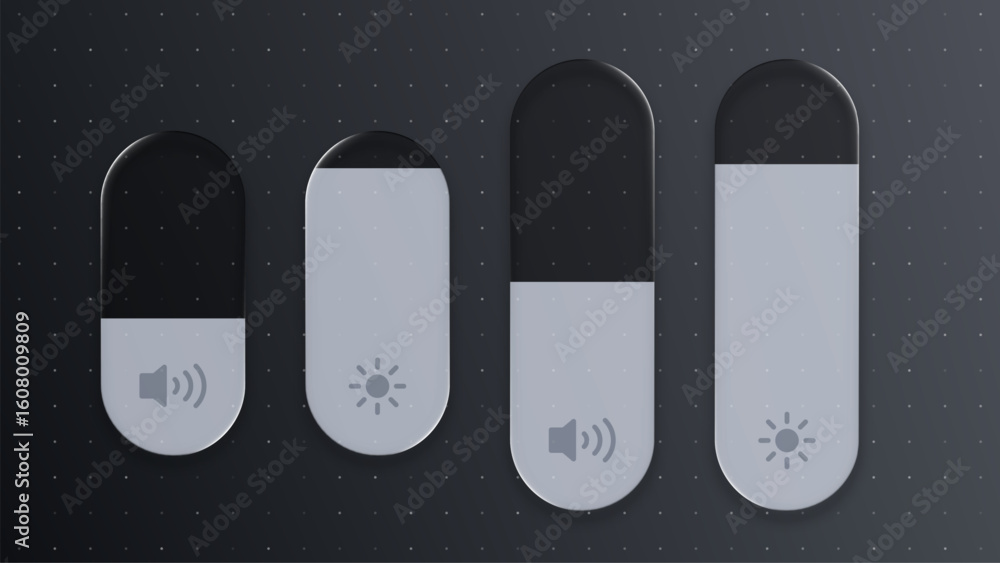 Poster volume and brightness liquid glass controls. black vector interface elements for user interface desi