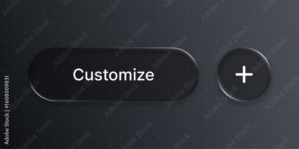 Fototapete Liquid glass customize button with add symbol. Black vector futuristic interface element for user interaction. Modern UI design.