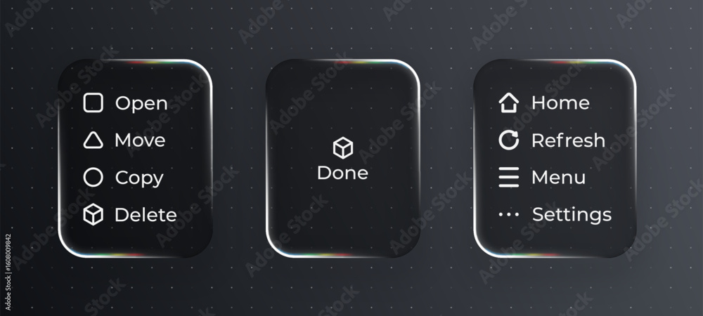 Poster three liquid black glass-like user interface panels with icons and text. modern ui/ux transparent el