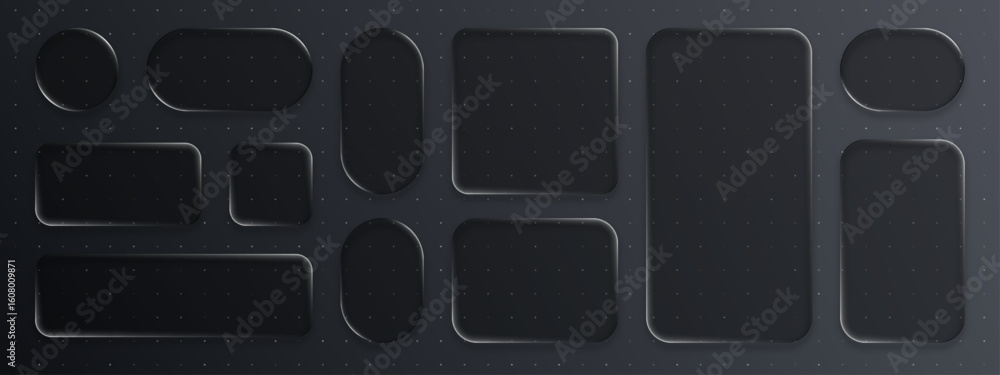 Poster liquid black glass geometric shapes with rounded corners. dark abstract background for modern user i