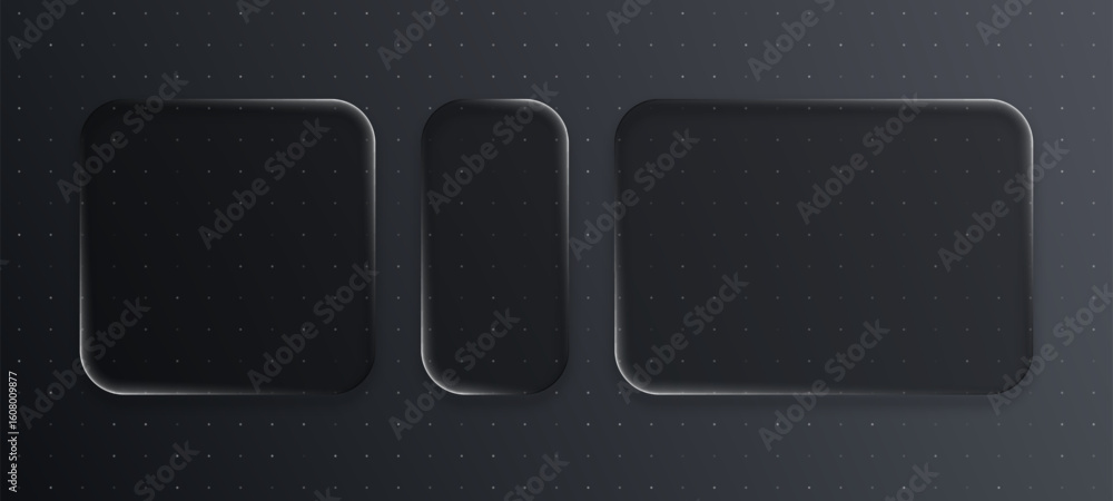 Poster three liquid black glass elements on dark background. digital glassmorphism style for graphic design