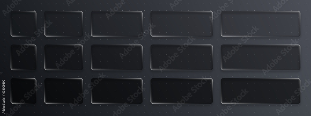 Poster set of black liquid glass buttons with glowing edges on a dark background. futuristic geometric shap