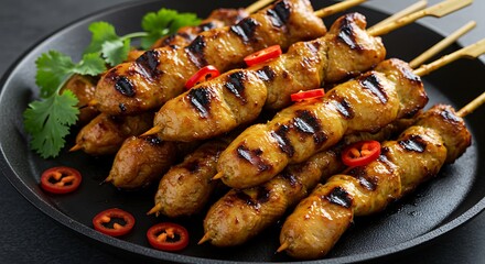 Close-up of succulent grilled chicken satay skewers, perfectly charred and caramelized, on a wooden serving board. The grilled meat is juicy and flavorful, perfect for a summer barbecue or party