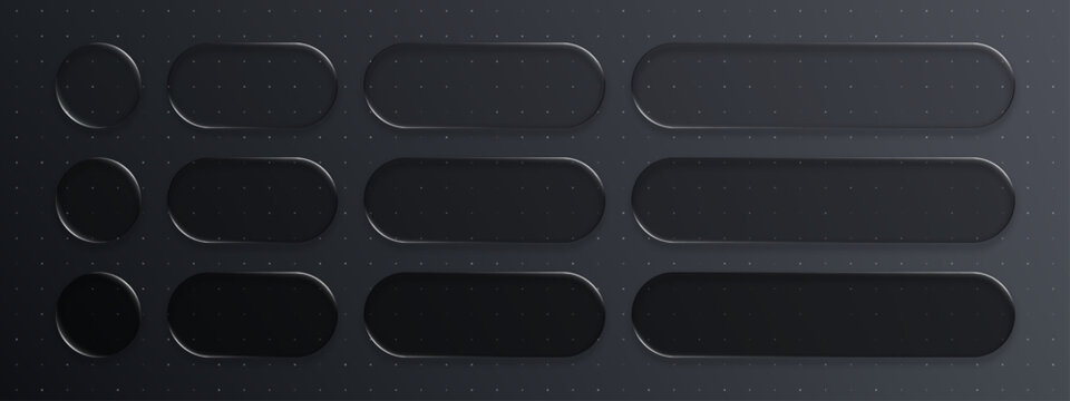 Liquid glass black vector frames set. Abstract dark geometric shape background. User interface design element for web application.