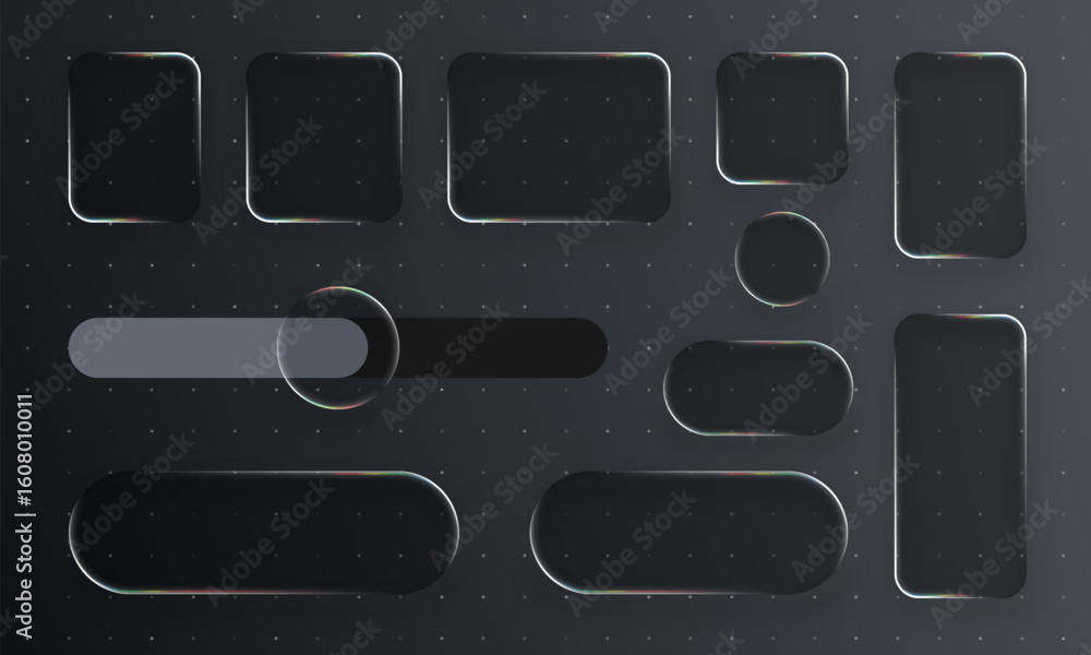 Poster liquid glass black vector ui elements, buttons, and frames with soft glow for tech interface design.