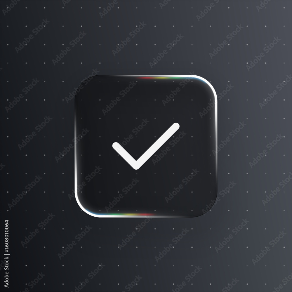 Poster check mark icon on black liquid glass vector button with colorful glow. creative modern interface de