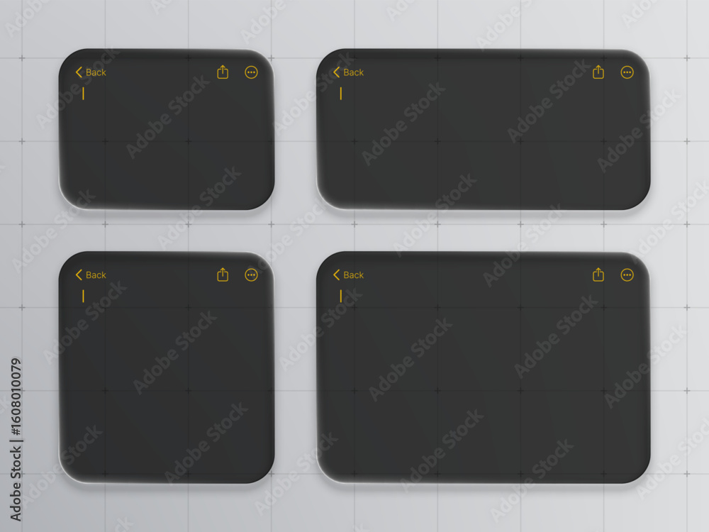 Poster four liquid black glass user interface frames for app design and template. grid background for web s