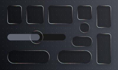 Liquid glass black vector ui elements, buttons, and frames with soft glow for tech interface design. Minimalist user experience.
