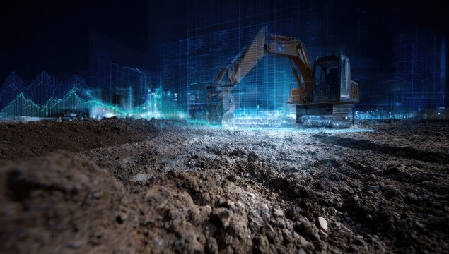 Construction site at night with overlay of digital information