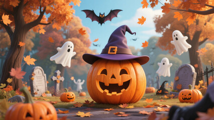 A whimsical and festive Halloween scene featuring a cheerful pumpkin wearing a witch hat. Halloween Costumes, Halloween Background, Happy Halloween