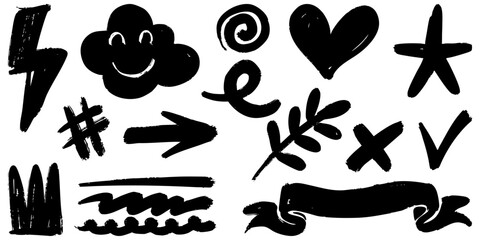 collection of hand drawn doodle icons in bold black brush strokes on a white background. set includes various symbols such as a smiling cloud, heart, lightning bolt, arrow, star, ribbon, and abstract.