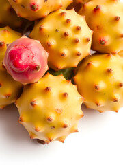 Close-up of Several Ripe Prickly Pear Fruits, White Background.