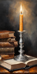 Classical Still Life with Lit Candle, Books, and Silverware