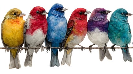 Six colorful painted bunting birds perch side by side on a wire in a vibrant nature illustration.