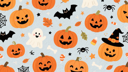 A whimsical and festive Halloween-themed pattern featuring a playful mix of spooky elements on a light, textured background. Halloween Costumes, Halloween Background, Happy Halloween
