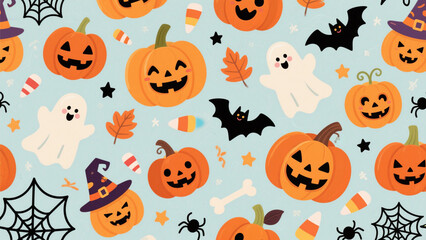 Naklejka premium A whimsical and festive Halloween-themed pattern featuring a playful mix of spooky elements on a light, textured background. Halloween Costumes, Halloween Background, Happy Halloween