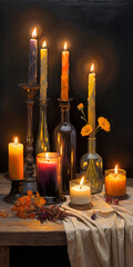 Still Life with Lit Candles and Flowers