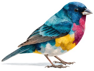 Watercolor illustration of a vibrant painted bunting perched on a white background shows detailed feathers.