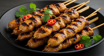 Close-up of succulent grilled chicken satay skewers, perfectly charred and caramelized, on a wooden serving board. The grilled meat is juicy and flavorful, perfect for a summer barbecue or party