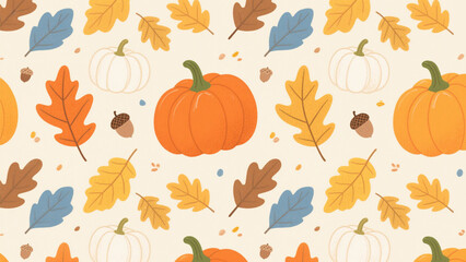 Naklejka premium A whimsical autumn-themed pattern featuring scattered pumpkins and colorful leaves on a soft, cream-colored background. Halloween Costumes, Halloween Background, Happy Halloween