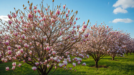 A line of magnolia trees bursting with delicate pink and white blossoms, set against a clear blue sky with fluffy white clouds.
