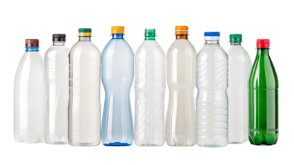 used plastic bottles on white  isolated on white background or transparent background, png cut out, ready to bring joy to any space