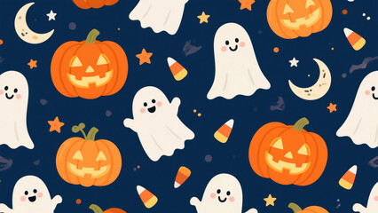 Naklejka premium A whimsical Halloween pattern featuring cheerful jack-o'-lanterns with glowing orange faces and friendly ghosts in white robes, scattered across a dark navy blue background. Halloween Costumes