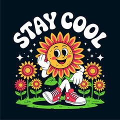 Cartoon sunflower character wearing sneakers waves its hand, with 