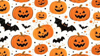 A whimsical Halloween pattern featuring hand-drawn, orange pumpkins with cheerful carved faces scattered across a white background. Halloween Costumes, Halloween Background, Happy Halloween