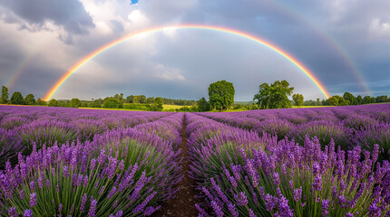 A vibrant double rainbow arches majestically over a vast field of blooming lavender under a dramatic, cloudy sky. The scene evokes a sense of wonder and natural beauty.