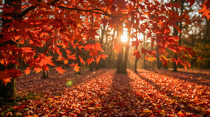 Golden hour sunlight streams through vibrant red maple leaves and illuminates a forest floor carpeted with fallen autumn foliage, creating a magical atmosphere.