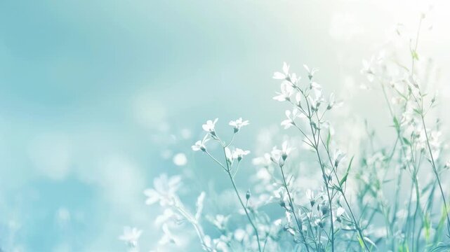 Soft-focus video frame of delicate white flowers against a dreamy blue background, captured from a low angle for an ethereal, serene effect. Live desktop wallpaper.