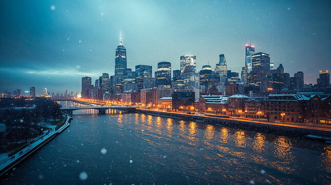 A stunning winter cityscape at dusk, with snow falling gently on a river reflecting the warm glow of city lights and towering skyscrapers.