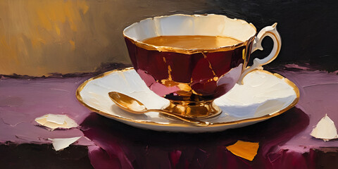 Elegant Teacup with Spoon and Gold Accents Painting